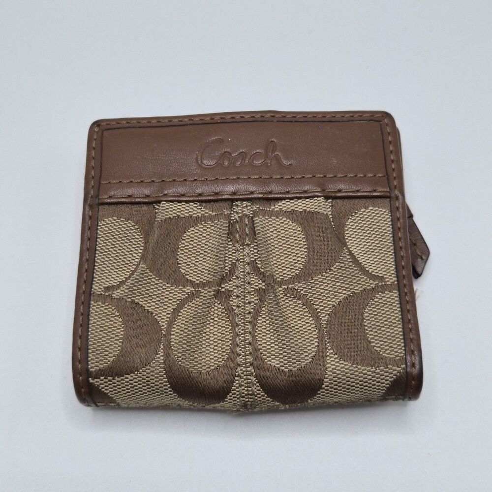 Coach Signature Soho Pleated Brown Canvas Leather Card Holder Trifold Wallet